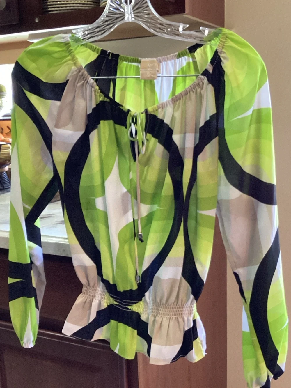 Michael Kors Lime Green, Black and White Circular Print Peasant Blouse